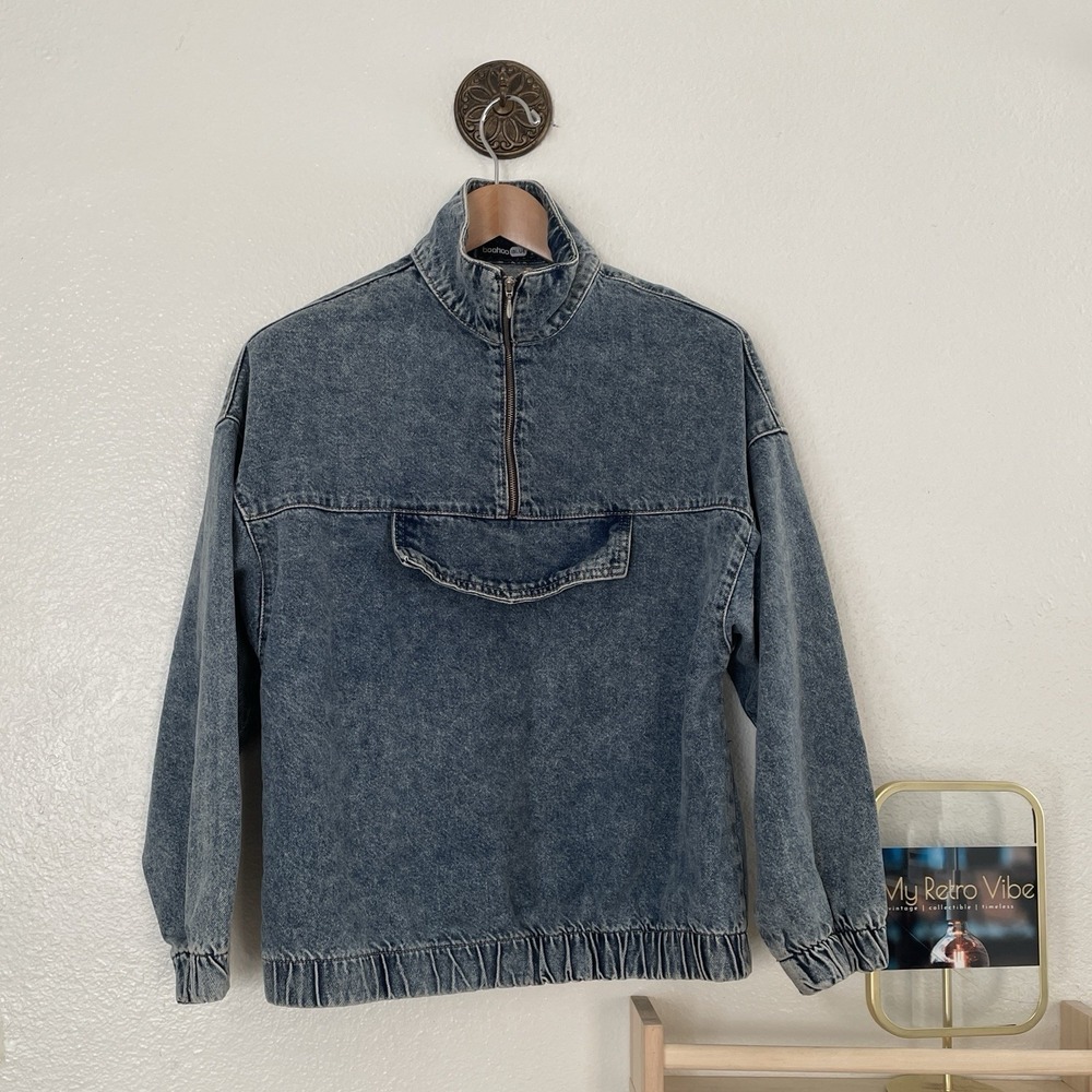 Boohoo Blue Blue Acid Wash Denim Jacket Quarter Zip Size US 4